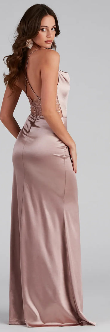 Kathleen Formal Satin Lace Back Long Dress