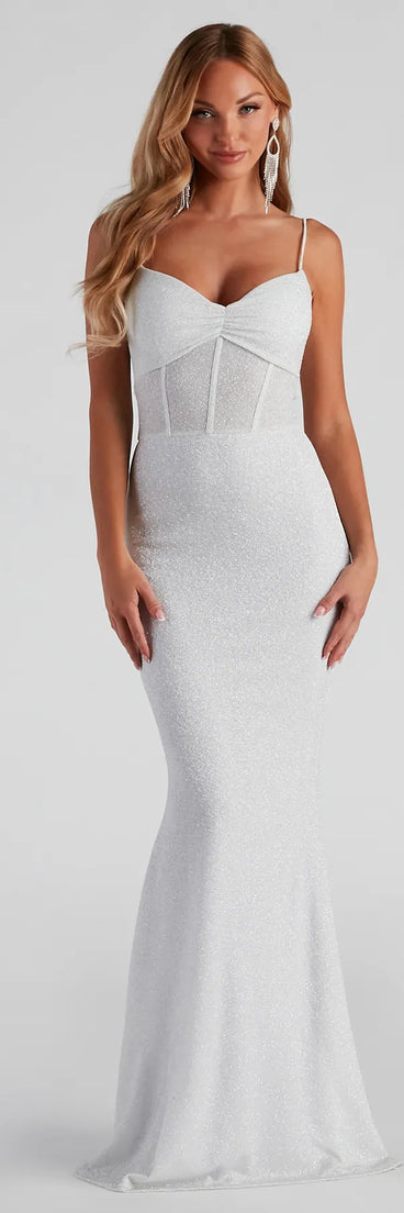 Feel instantly put-together in the Kelsie Formal Glitter Mermaid Dress in white, a summer wedding guest dress designed for confident style and all-out celebration.