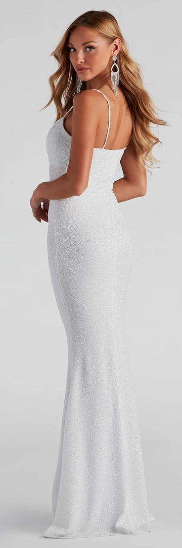 Celebrate in style with the Kelsie Formal Glitter Mermaid Dress, a white formal wedding guest dress featuring an elegant silhouette and luxe details, perfect for a black-tie celebration.