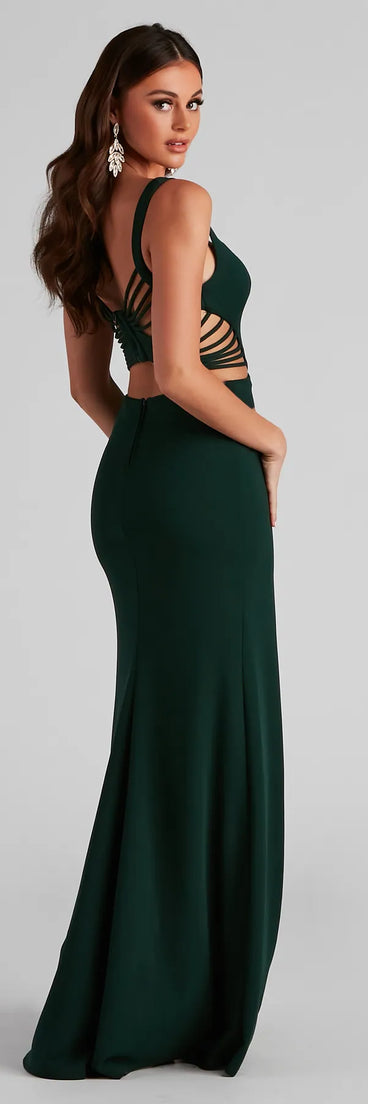 Celebrate in style with the Clarissa Cutout Detail Mermaid Dress, a hunter green formal wedding guest dress featuring an elegant silhouette and luxe details, perfect for a black-tie celebration.