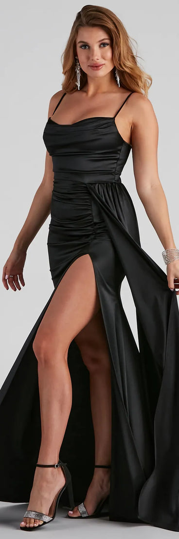 Francie Formal Satin Slit Drape Dress