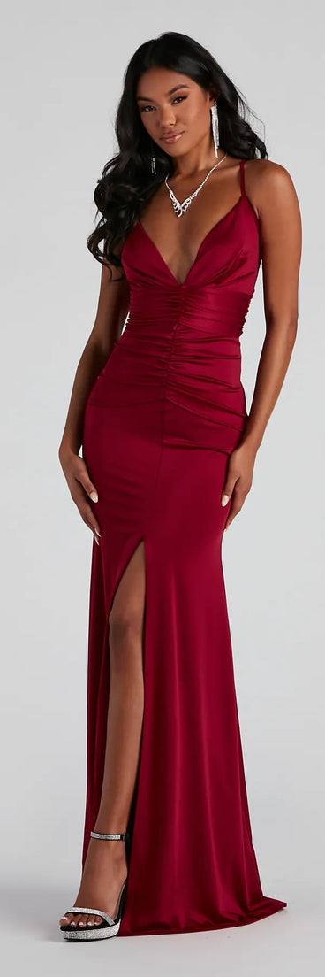 Celine Formal Ruche Slit Long Dress