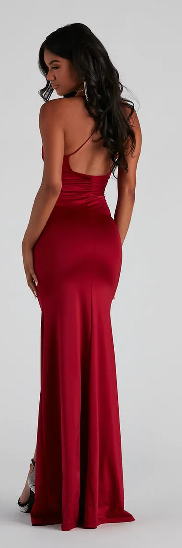 Celine Formal Ruche Slit Long Dress