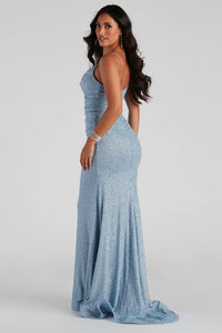 lurex glitter dress Blue Lurex Sequin Knit Cowl Neck Maxi Dress