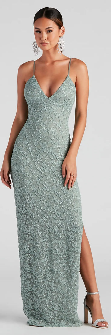 Marylou Lace Mesh Plunge Neck Formal Dress | Windsor Marylou Lace Mesh Plunge Neck Formal Dress | Windsor