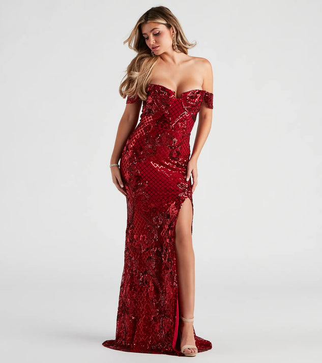 slim fit dress slacks Penelope Off-The-Shoulder Sequin Mermaid Dress