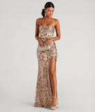 Turn heads at Prom 2025 in this gold prom dress, where statement-making details meet the iconic style of the Kinsley Formal Sequin Mermaid Dress .
