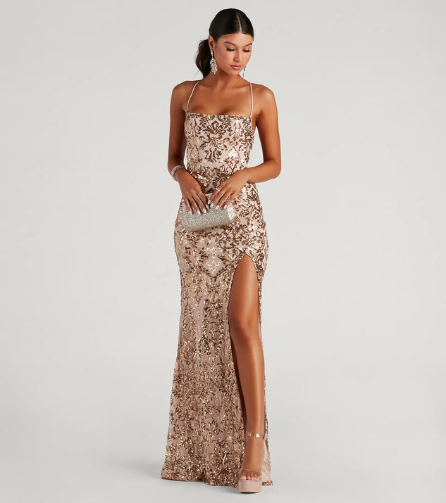 Turn heads at Prom 2025 in this gold prom dress, where statement-making details meet the iconic style of the Kinsley Formal Sequin Mermaid Dress .