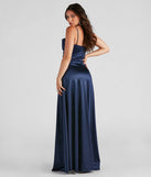 Celebrate in style with the Marissa Formal Satin Cowl Neck Dress, a navy blue formal wedding guest dress featuring an elegant silhouette and luxe details, perfect for a black-tie celebration.