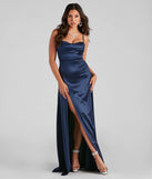 Make a bold statement in the Marissa Formal Satin Cowl Neck Dress in navy blue, the perfect spring dress for weddings, cocktail hours, nights out, and/or seasonal celebrations.