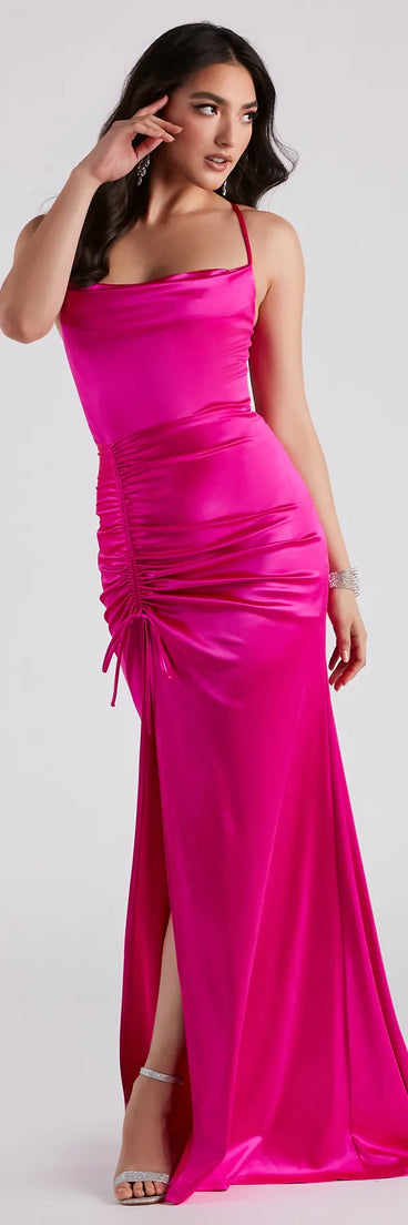 You'll feel stylish and confident in the Serenity Ruched Satin Formal Dress as your Winter Formal Dress to stand out at your dance or event.