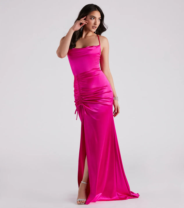 You'll feel stylish and confident in the Serenity Ruched Satin Formal Dress as your Winter Formal Dress to stand out at your dance or event.