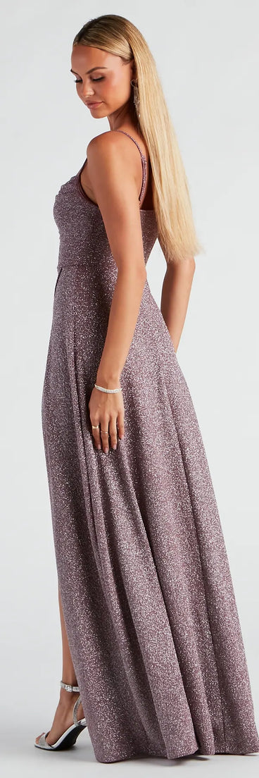 Own the spotlight in the Stephanie Formal Glitter A-Line Dress, a lavender formal dress crafted to deliver luxe style for winter weddings, military balls, or any special event.
