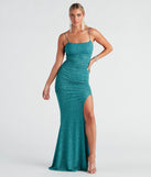Turn heads at HOCO 2025 in this teal homecoming dress, where statement-making details meet the iconic style of the Hayden Ruched Glitter Knit Mermaid Dress.