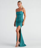 Make a bold statement in the Hayden Ruched Glitter Knit Mermaid Dress in teal, the perfect green dress for weddings, cocktail hours, nights out, and/or seasonal celebrations.