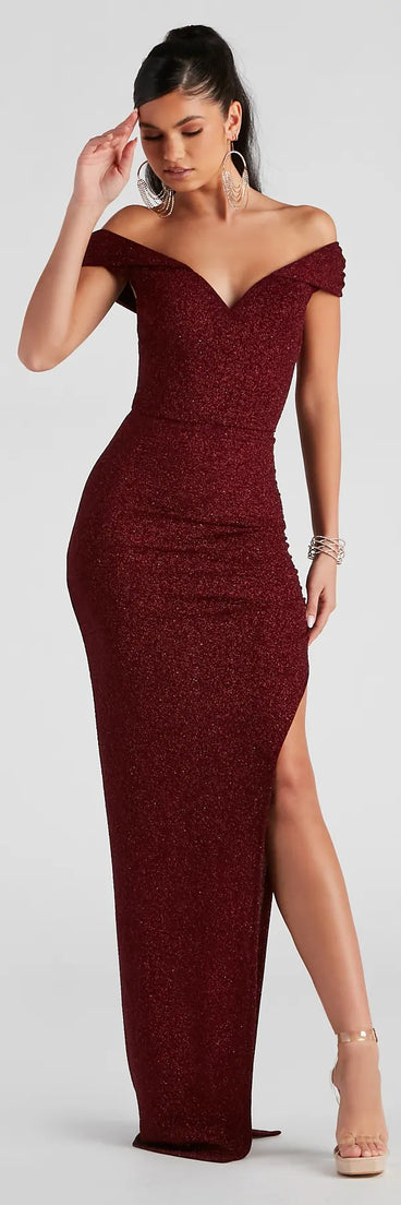 Elianna Off-The-Shoulder Glitter Formal Dress