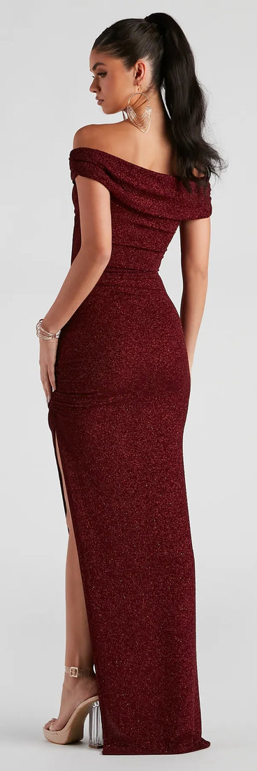 Elianna Off-The-Shoulder Glitter Formal Dress