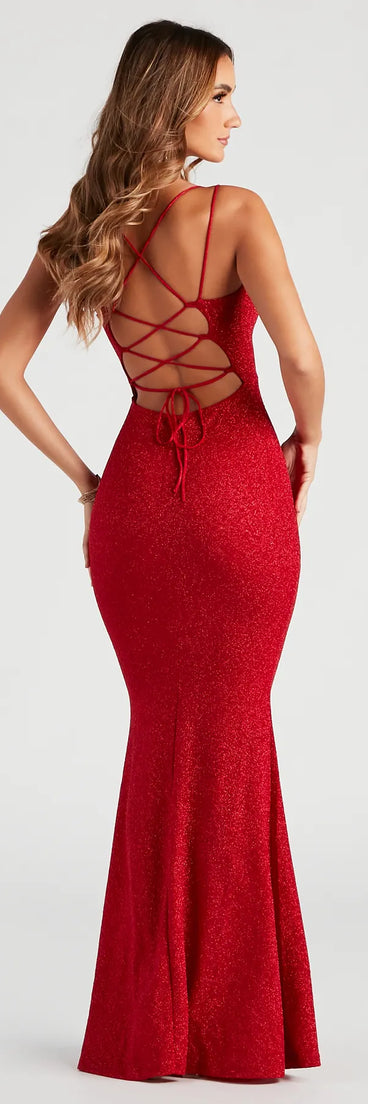 Own every entrance in the Rachel Formal Glitter Lace-Up Dress, a red party dress perfect for milestone birthdays and grad parties, or dancing through summer nights and unforgettable bachelorette celebrations.