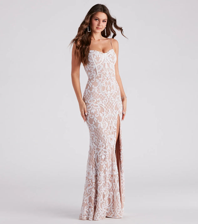 Turn heads at Prom 2025 in this white prom dress, where statement-making details meet the iconic style of the JoJo Formal Sequin Bustier Bodycon Dress .