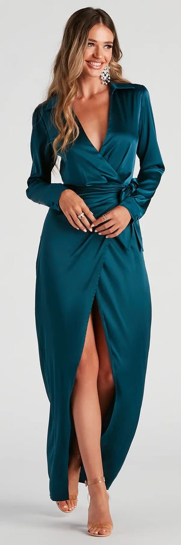Leona Wrap-Front Satin Formal Dress