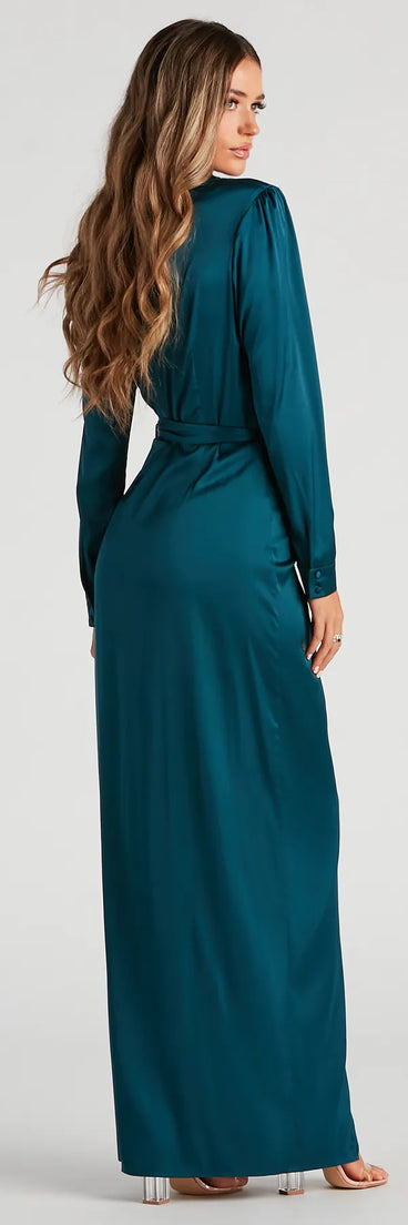 Leona Wrap-Front Satin Formal Dress