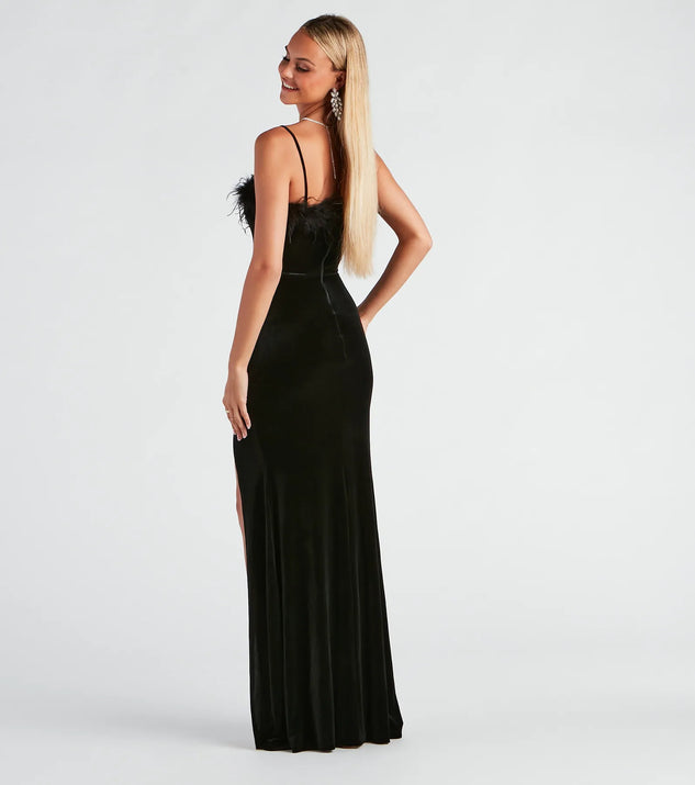 jaime feather trim velvet mermaid dress Jaime Feather Trim Velvet Mermaid Dress