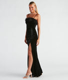 Celebrate the winter holidays in a black long dress like the Jaime Feather Trim Velvet Mermaid Dress, designed with timeless charm for party-ready occasions from winter bridesmaid looks to Winter Formal dances.