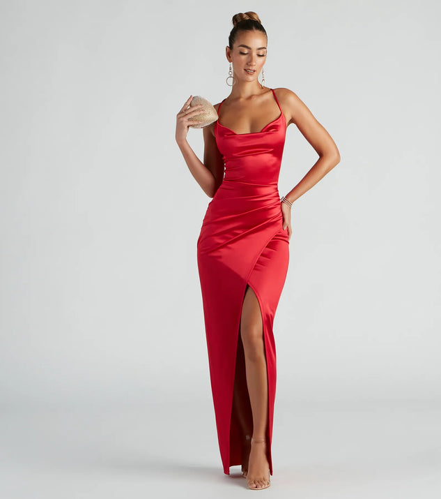 Chelsea Satin High Slit Formal Dress | Windsor Chelsea Satin High Slit Formal Dress | Windsor