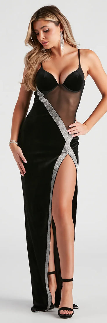 Turn heads at Prom 2025 in this black prom dress, where statement-making details meet the iconic style of the Corrie Formal Velvet Mesh Dress .