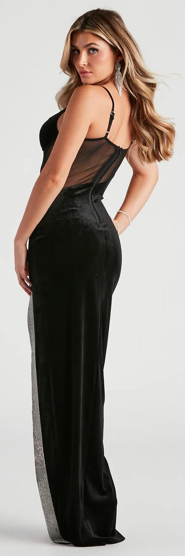 Celebrate in style with the Corrie Formal Velvet Mesh Dress, a black formal wedding guest dress featuring an elegant silhouette and luxe details, perfect for a black-tie celebration.