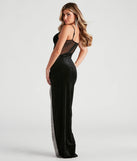 Celebrate in style with the Corrie Formal Velvet Mesh Dress, a black formal wedding guest dress featuring an elegant silhouette and luxe details, perfect for a black-tie celebration.