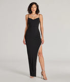 Turn heads at Prom 2025 in this black prom dress, where statement-making details meet the iconic style of the Teigen High Slit Rhinestone and Crepe Long Dress .