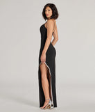 The Teigen High Slit Rhinestone and Crepe Long Dress is a show-stopping black prom dress, offering a sleek, slimming silhouette that enhances your natural beauty for an unforgettable night.