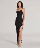 Revamp your 2025 wardrobe with this chic addition, the Teigen High Slit Rhinestone and Crepe Long Dress in black, perfect for elevating your style in the new year.