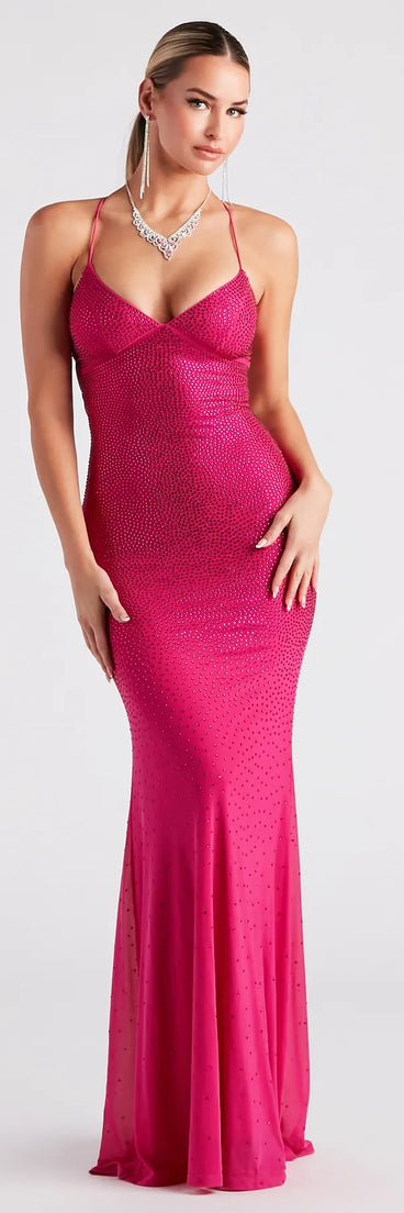 Feel instantly put-together in the Blair Lace-Up A-Line Rhinestone Formal Dress in fuchsia, a summer wedding guest dress designed for confident style and all-out celebration.