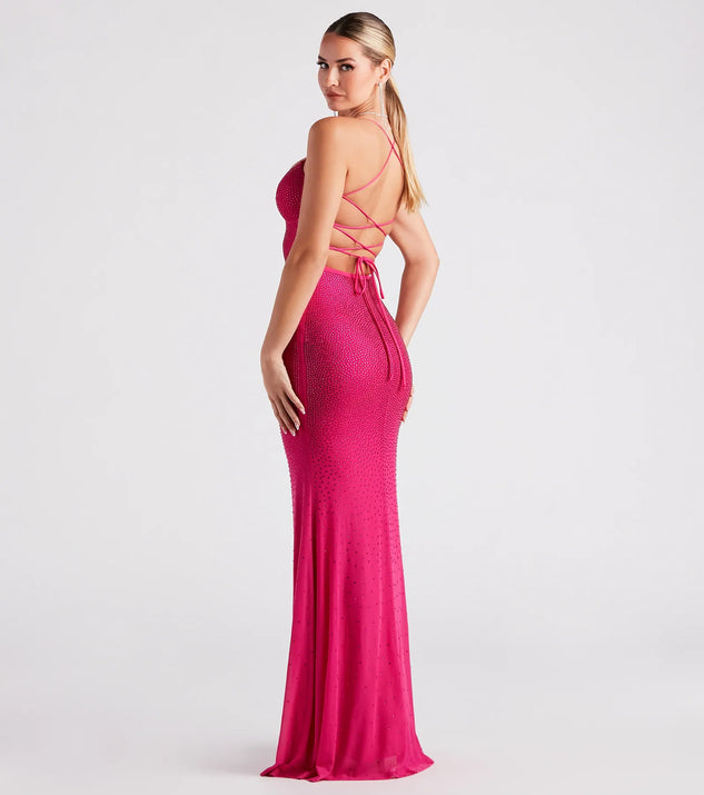 Make a bold statement in the Blair Lace-Up A-Line Rhinestone Formal Dress in fuchsia, the perfect summer dress for weddings, cocktail hours, nights out, and/or seasonal celebrations.