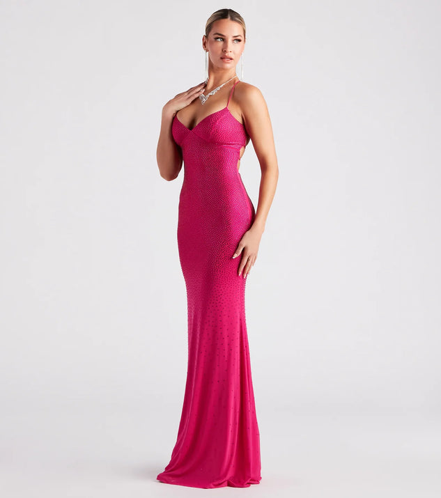 Feel instantly put-together in the Blair Lace-Up A-Line Rhinestone Formal Dress in fuchsia, a summer wedding guest dress designed for confident style and all-out celebration.
