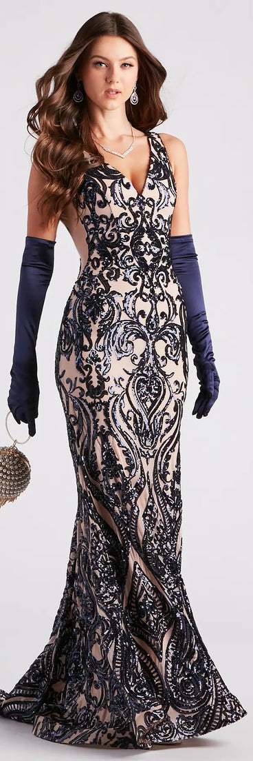 Turn heads in the beaming Mariah Formal Sequin Mesh Mermaid Dress, a stunning navy sequin dress designed to add sparkle and elegance to your next night out or special occasion.