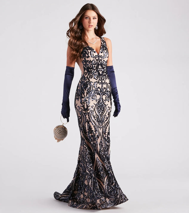 Turn heads in the beaming Mariah Formal Sequin Mesh Mermaid Dress, a stunning navy sequin dress designed to add sparkle and elegance to your next night out or special occasion.