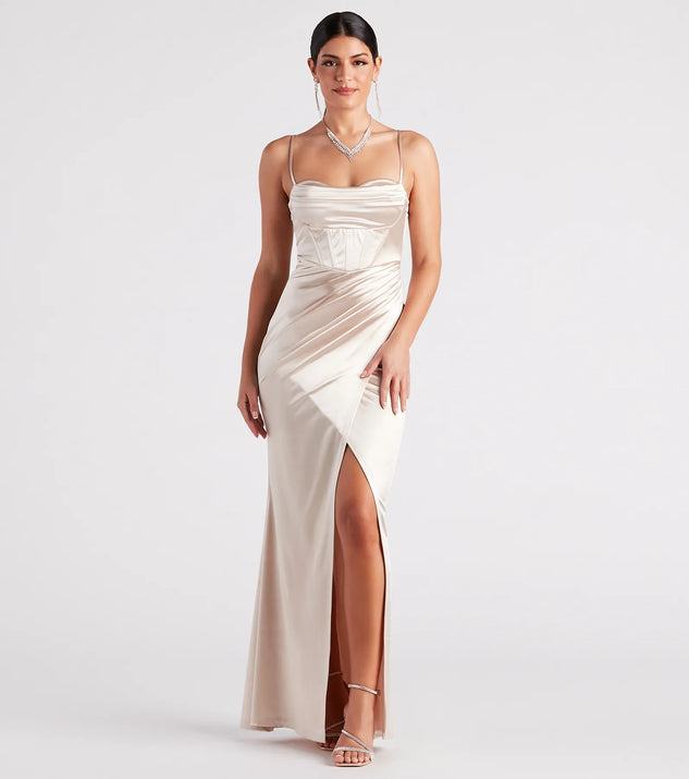 Turn heads at Prom 2025 in this gold prom dress, where statement-making details meet the iconic style of the Stacie Formal Satin Corset Bodycon Dress .