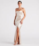 Step into Prom 2025 in a gold prom dress, where unique Windsor accents and the standout Stacie Formal Satin Corset Bodycon Dress style come together.