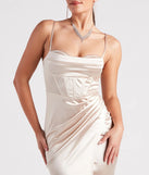 Step into Prom 2025 in a gold prom dress, where unique Windsor accents and the standout Stacie Formal Satin Corset Bodycon Dress style come together.
