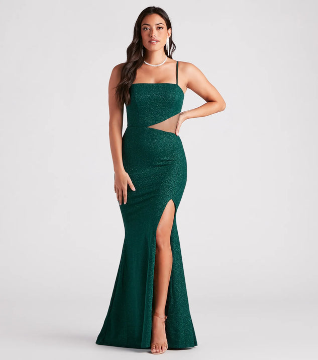 The Cynthia Formal Glitter Mermaid Dress in luxe emerald green fabric, a stunning prom dress with statement details designed to make a bold impression at Prom 2025.