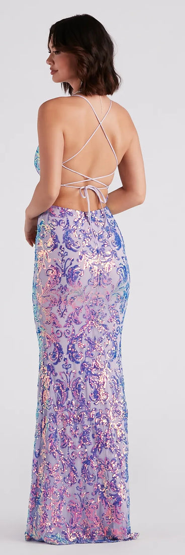 Celebrate in style with the Taisia Formal Sequin Scroll Dress, a lavender formal wedding guest dress featuring an elegant silhouette and luxe details, perfect for a black-tie celebration.