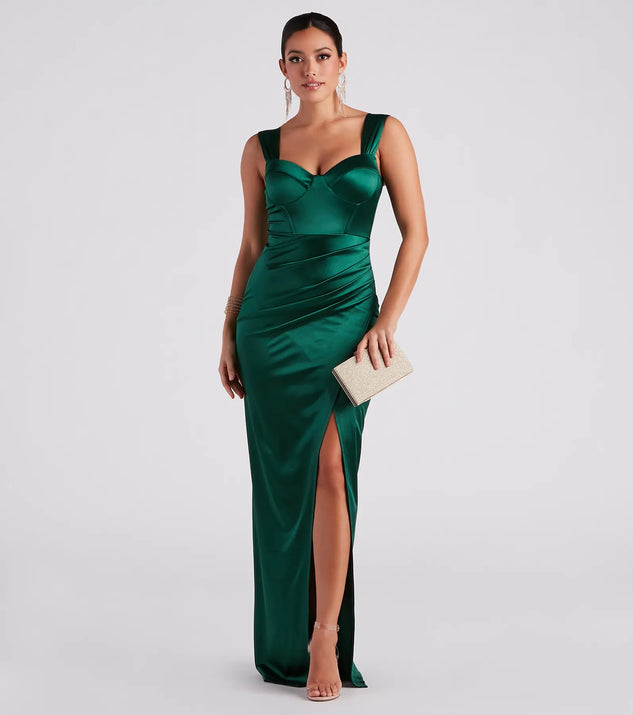 Turn heads at Prom 2025 in this hunter green prom dress, where statement-making details meet the iconic style of the Lorelli Formal Satin Wrap Long Dress .