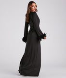 Rochelle Long Sleeve Feather Trim Formal Dress