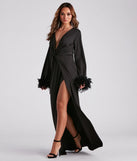 Rochelle Long Sleeve Feather Trim Formal Dress