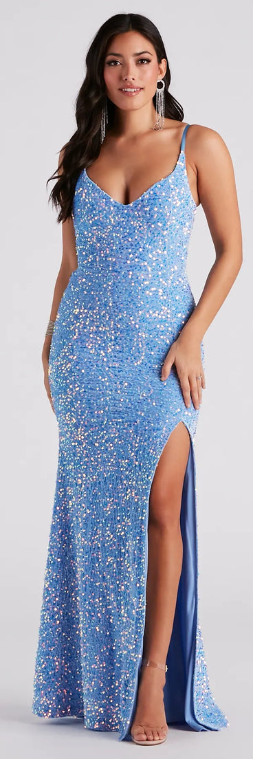 Aubrielle High Slit Velvet Sequin Formal Dress