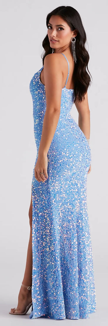 Aubrielle High Slit Velvet Sequin Formal Dress