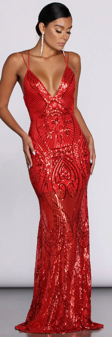 Salma Formal Sequin Scroll Print Dress